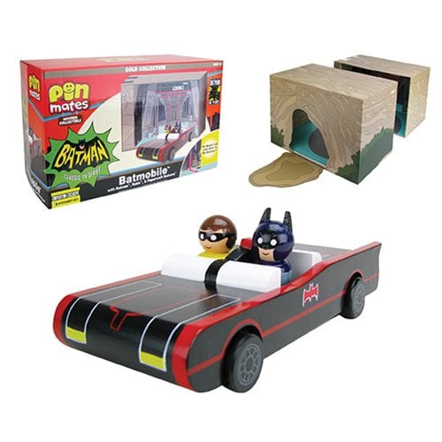 Batman Classic TV Series Batmobile with Batman and Robin Wooden Pin Mates and Papercraft Batcave - Convention Exclusive